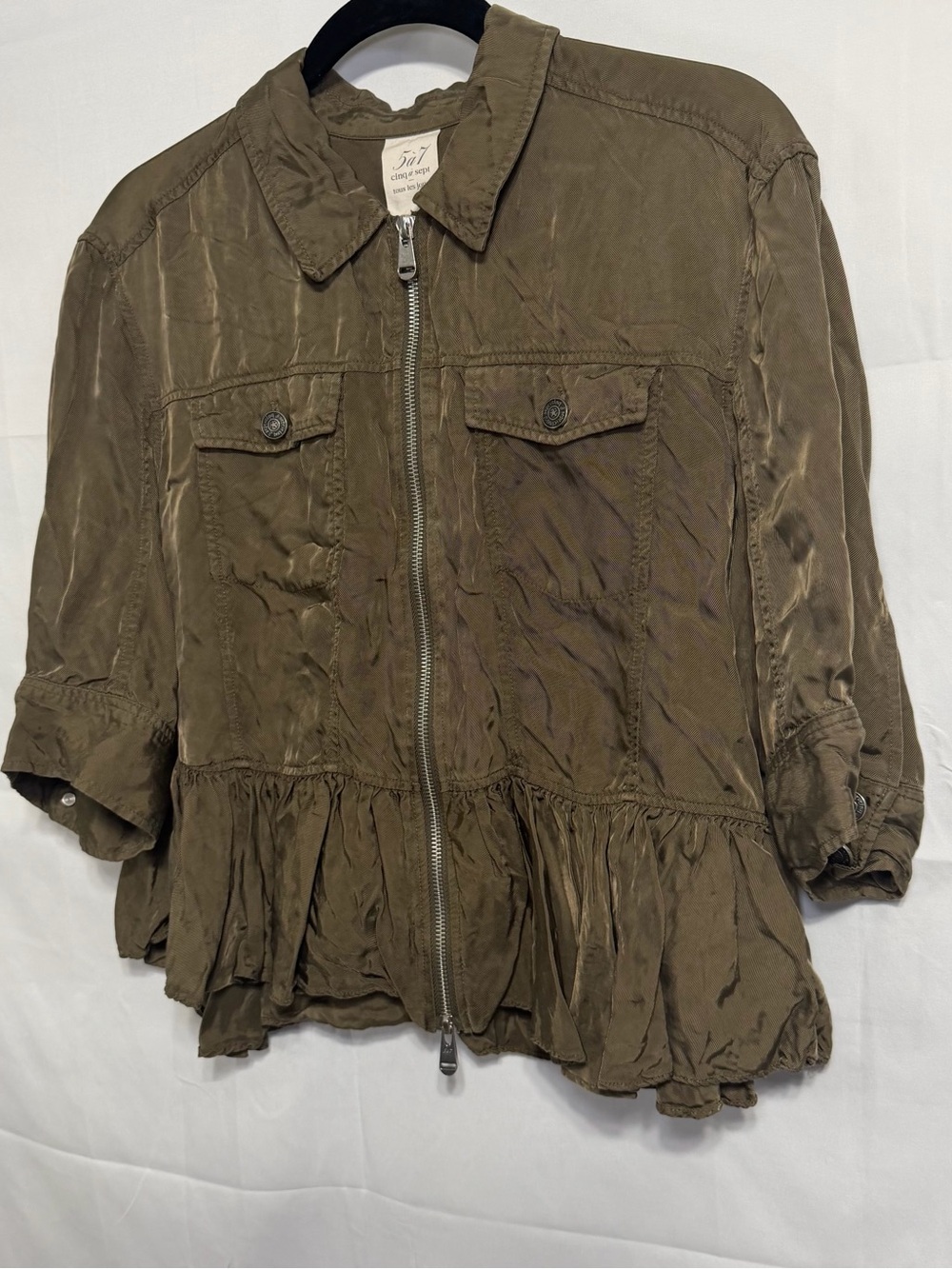 Cinq a Sept Women's Medium Olive Green Cupro Zip Front Short Jacket 3/4 Sleeve - Picture 4 of 13